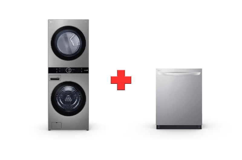 Vista frontal de Combo WashTower Lavado (25Kg) & Secado (22Kg) / Lavavajillas  QuadWash WK25VS6.LDTS555